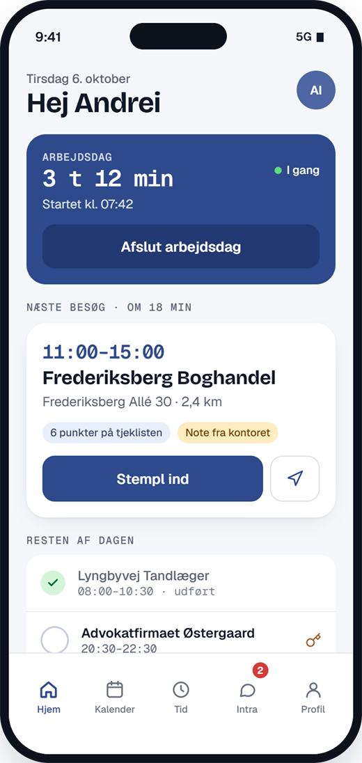 Medarbejder-appens forside med arbejdsdagen i gang og næste besøg.